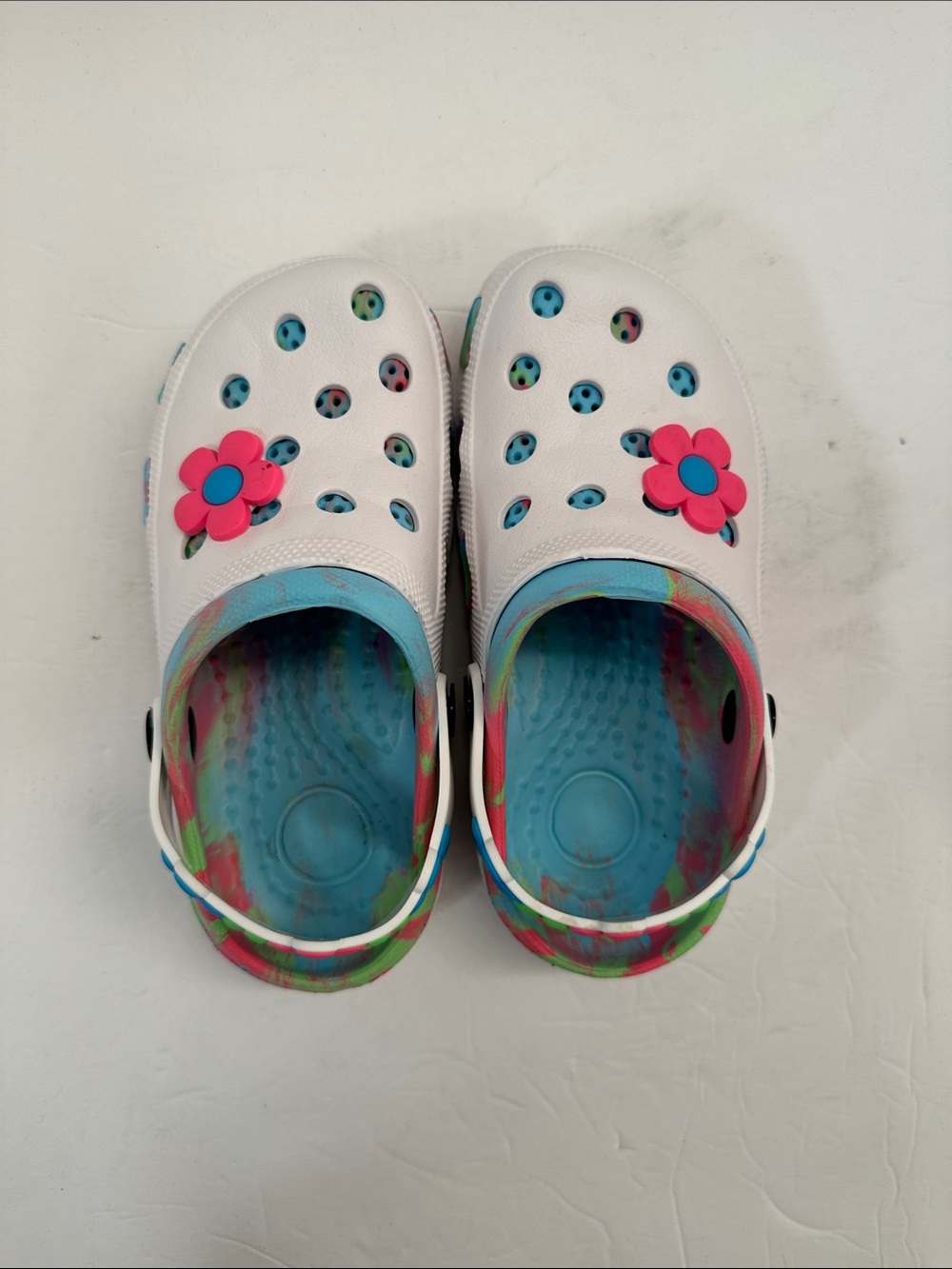 Kids White Floral Clog Sandals with Tie-Dye Insole Size 1